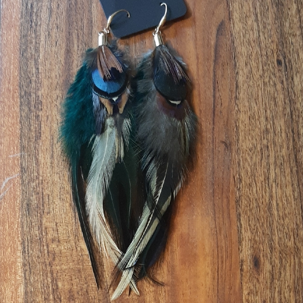 Green and Blue Feather Earrings with Iridescent Charm